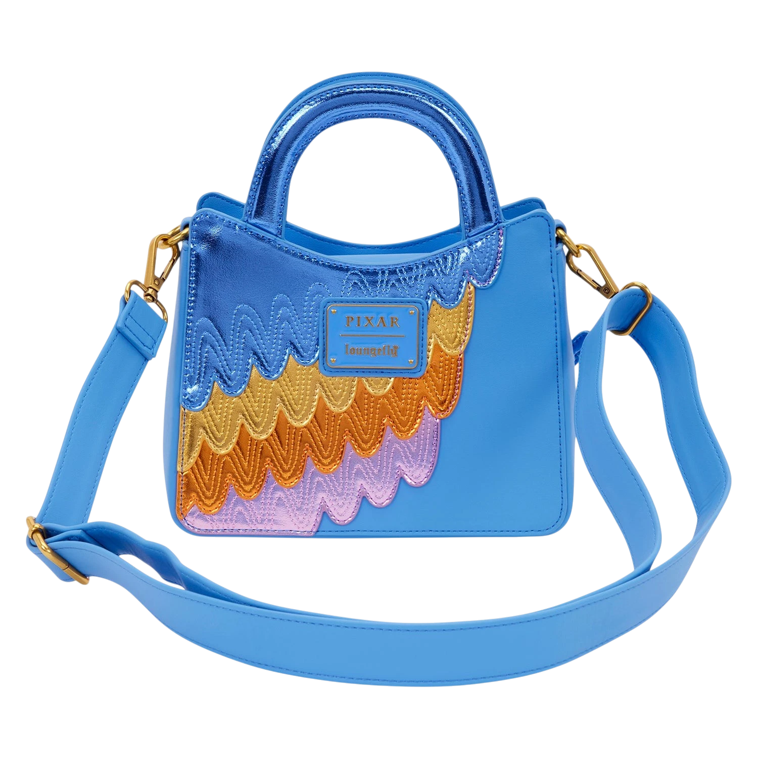 Cards & Comics Connection Disney Pixar Up Kevin crossbody bag in blue metallic polyurethane with colorful feather detail