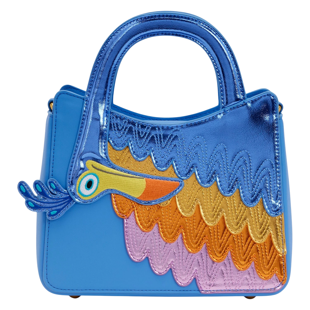 Cards & Comics Connection Disney Pixar Up Kevin metallic blue crossbody bag with colorful embroidered feather details