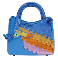 Cards & Comics Connection Disney Pixar Up Kevin metallic blue crossbody bag with colorful embroidered feather details