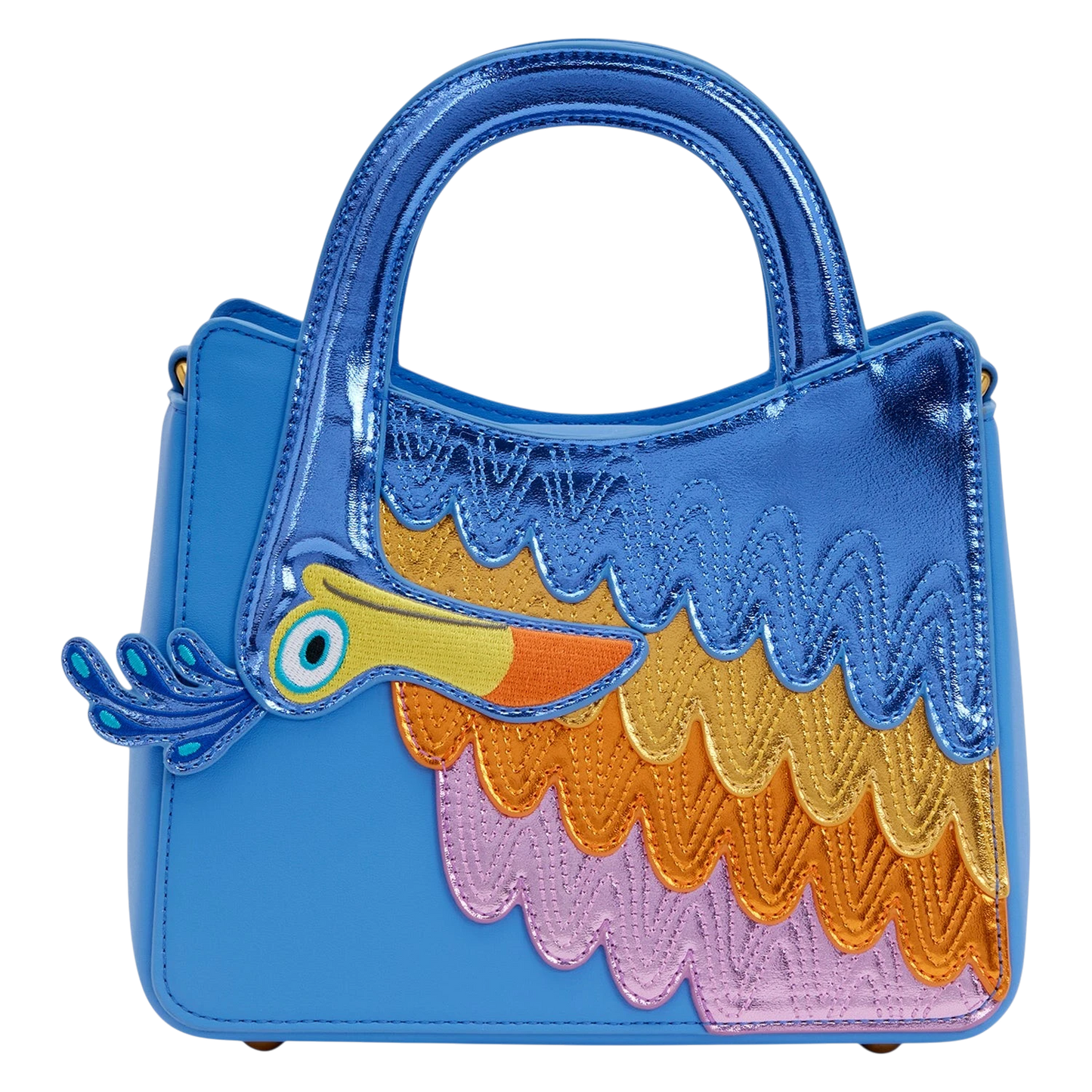 Cards & Comics Connection Disney Pixar Up Kevin metallic blue crossbody bag with colorful embroidered feather details