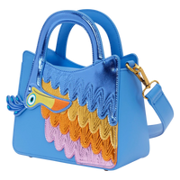 Cards & Comics Connection Disney Pixar Up Kevin crossbody bag in metallic blue with colorful embroidered feather detail