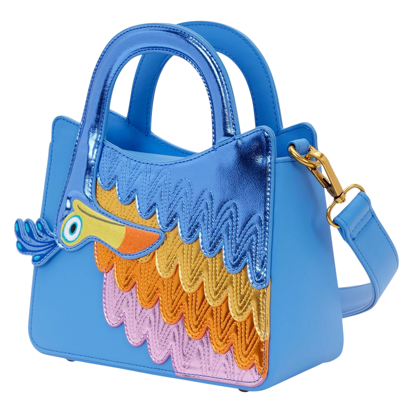 Cards & Comics Connection Disney Pixar Up Kevin crossbody bag in metallic blue with colorful embroidered feather detail