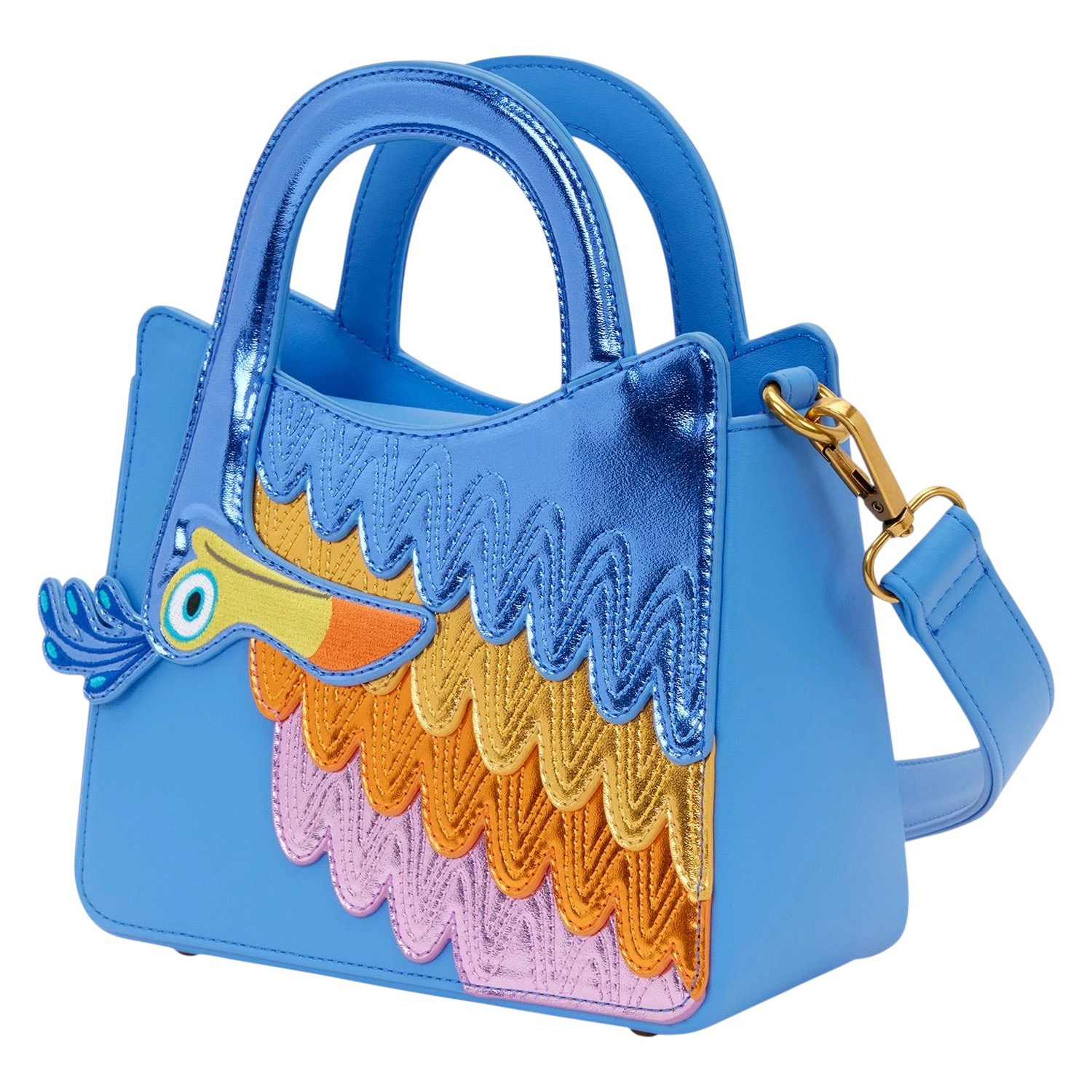 Cards & Comics Connection Disney Pixar Up Kevin crossbody bag in metallic blue with colorful embroidered feather detail