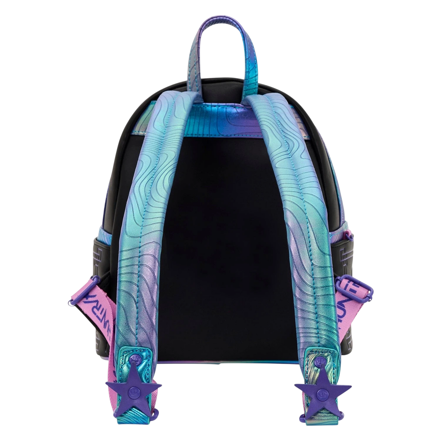 Cards & Comics Connection KPop Demon Hunters mini backpack back view with iridescent straps and purple star details.