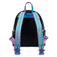 Cards & Comics Connection KPop Demon Hunters mini backpack back view with iridescent straps and purple star details.