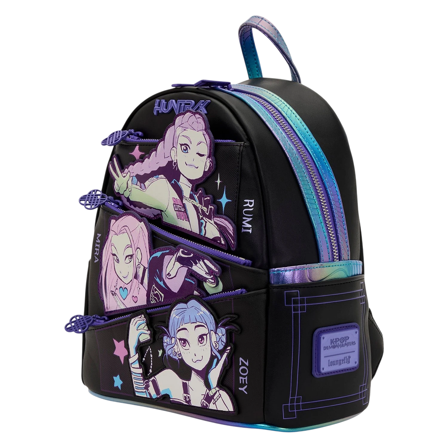 Cards & Comics Connection KPop Demon Hunters mini backpack featuring iridescent Rumi, Mira, and Zoey character art.