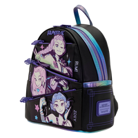 Cards & Comics Connection KPop Demon Hunters mini backpack featuring iridescent Rumi, Mira, and Zoey character art.