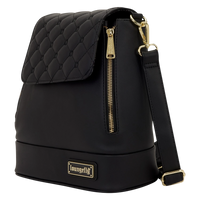 Cards & Comics Connection Loungefly black faux leather convertible mini backpack with quilted pin trader flap