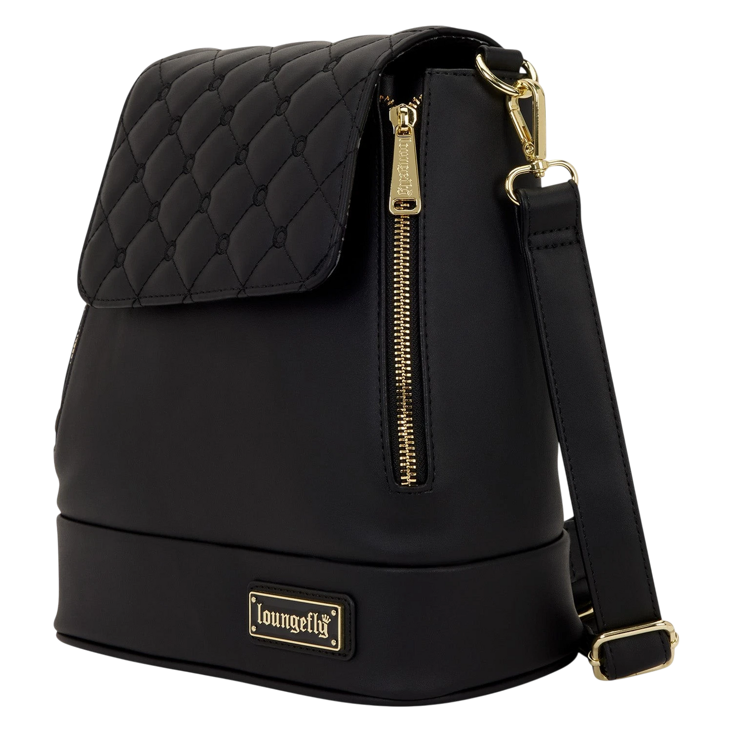Cards & Comics Connection Loungefly black faux leather convertible mini backpack with quilted pin trader flap