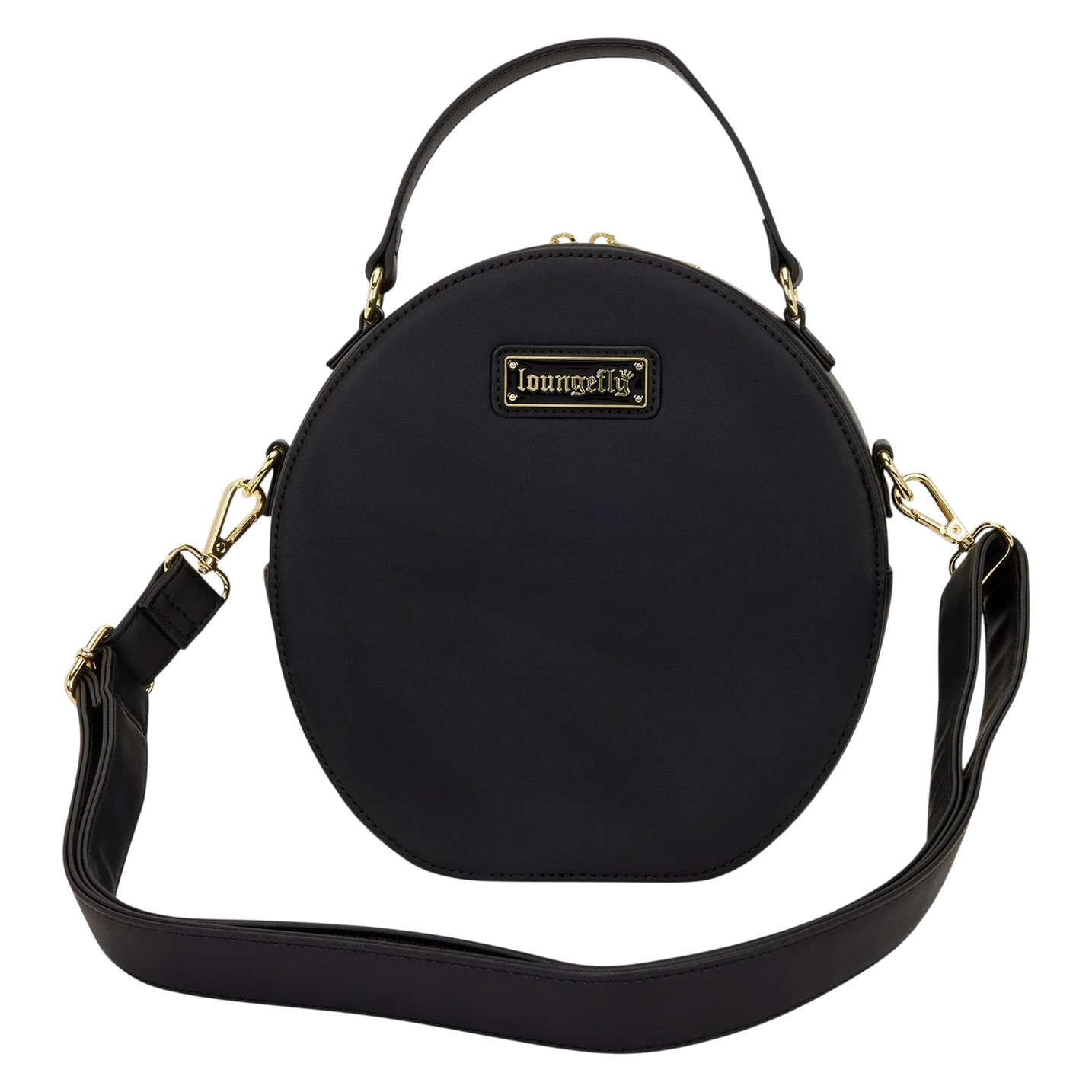 Cards & Comics Connection Loungefly black faux leather round crossbody pin trader bag with gold hardware