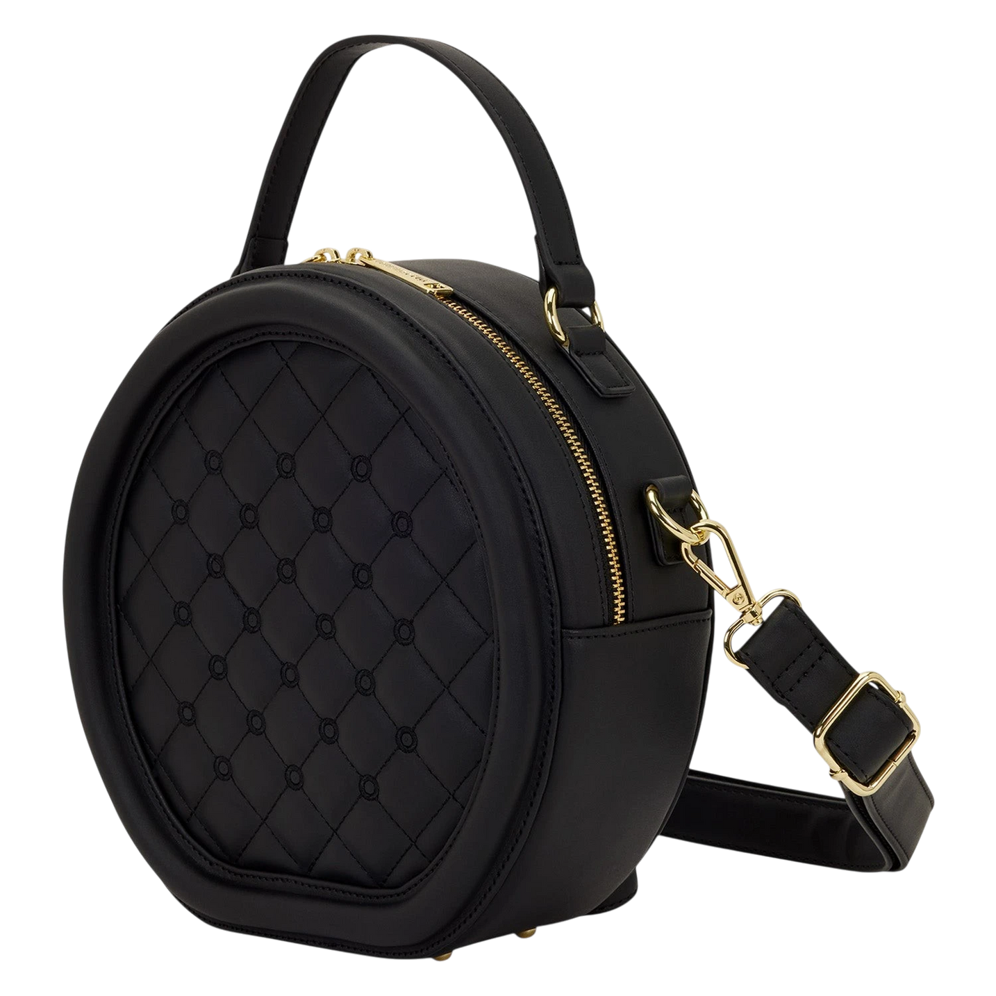 Cards & Comics Connection Loungefly black faux leather round crossbody pin trader bag with quilted front detail