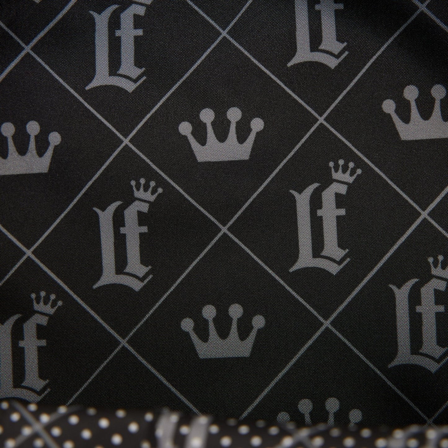 Cards & Comics Connection Loungefly black quilted faux leather fabric with crown and LF logo pattern
