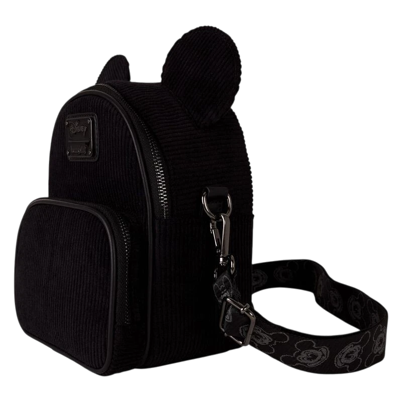 Cards & Comics Connection black corduroy Mickey Mouse mini backpack with applique ears and printed shoulder strap