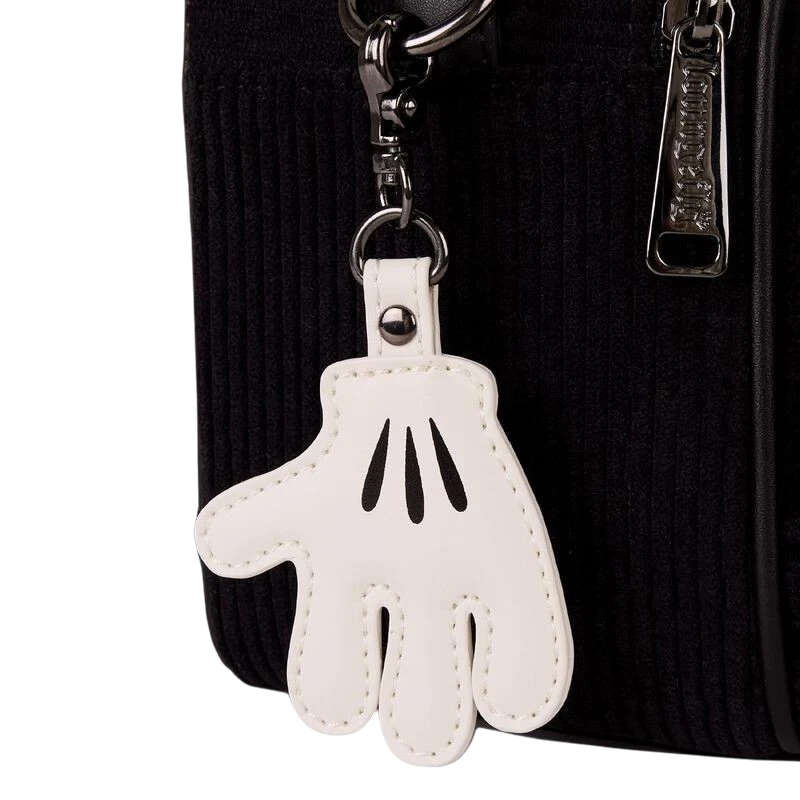 Cards & Comics Connection black corduroy Mickey Mouse mini backpack featuring a removable white gloved hand charm