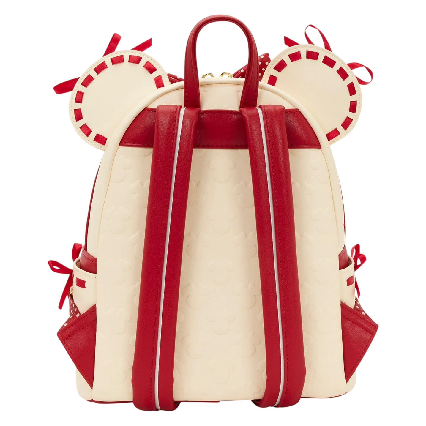 Back view of Cards & Comics Connection Minnie Mouse mini backpack in cream and red with satin ribbon and ear details.