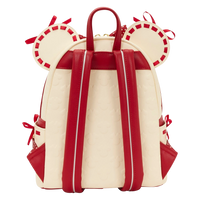 Back view of Cards & Comics Connection Minnie Mouse mini backpack in cream and red with satin ribbon and ear details.