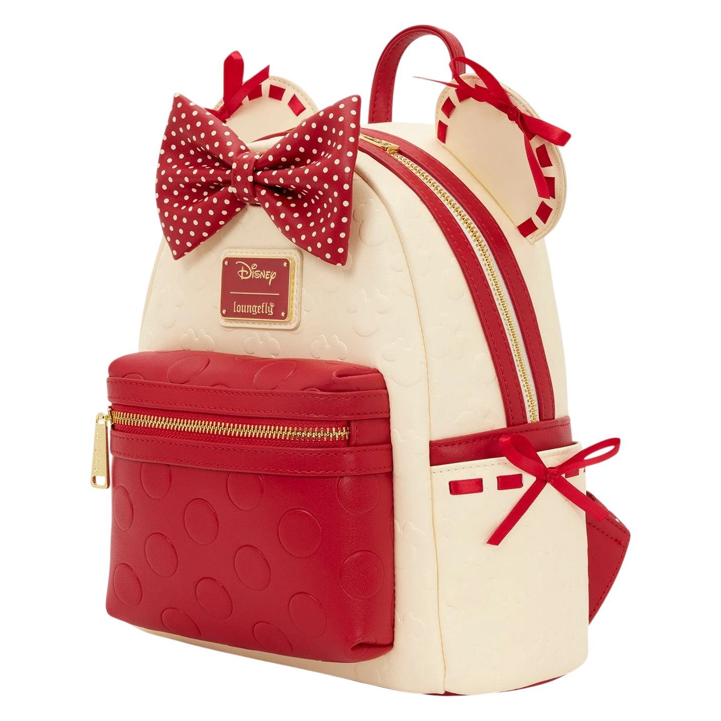 Cards & Comics Connection Minnie Mouse cream and red mini backpack with polka dot bow, satin ribbons, and 3D ears.