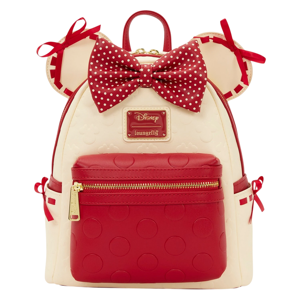Cards & Comics Connection Minnie Mouse cream and red mini backpack with 3D ears, polka dot bow, and satin ribbons.