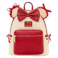 Cards & Comics Connection Minnie Mouse cream and red mini backpack with 3D ears, polka dot bow, and satin ribbons.