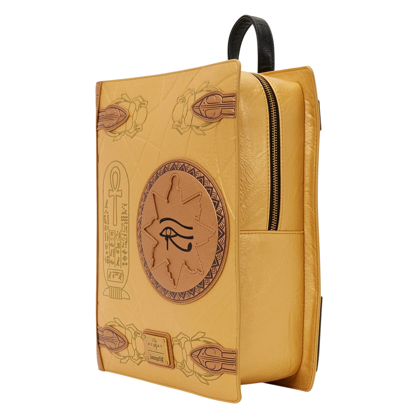 Cards & Comics Connection Loungefly The Mummy Book of the Living backpack with metallic gold finish and Egyptian symbols