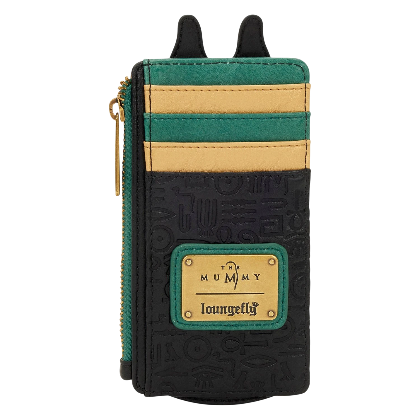 Cards & Comics Connection Loungefly The Mummy card holder with black debossed hieroglyphics and gold foil accents.