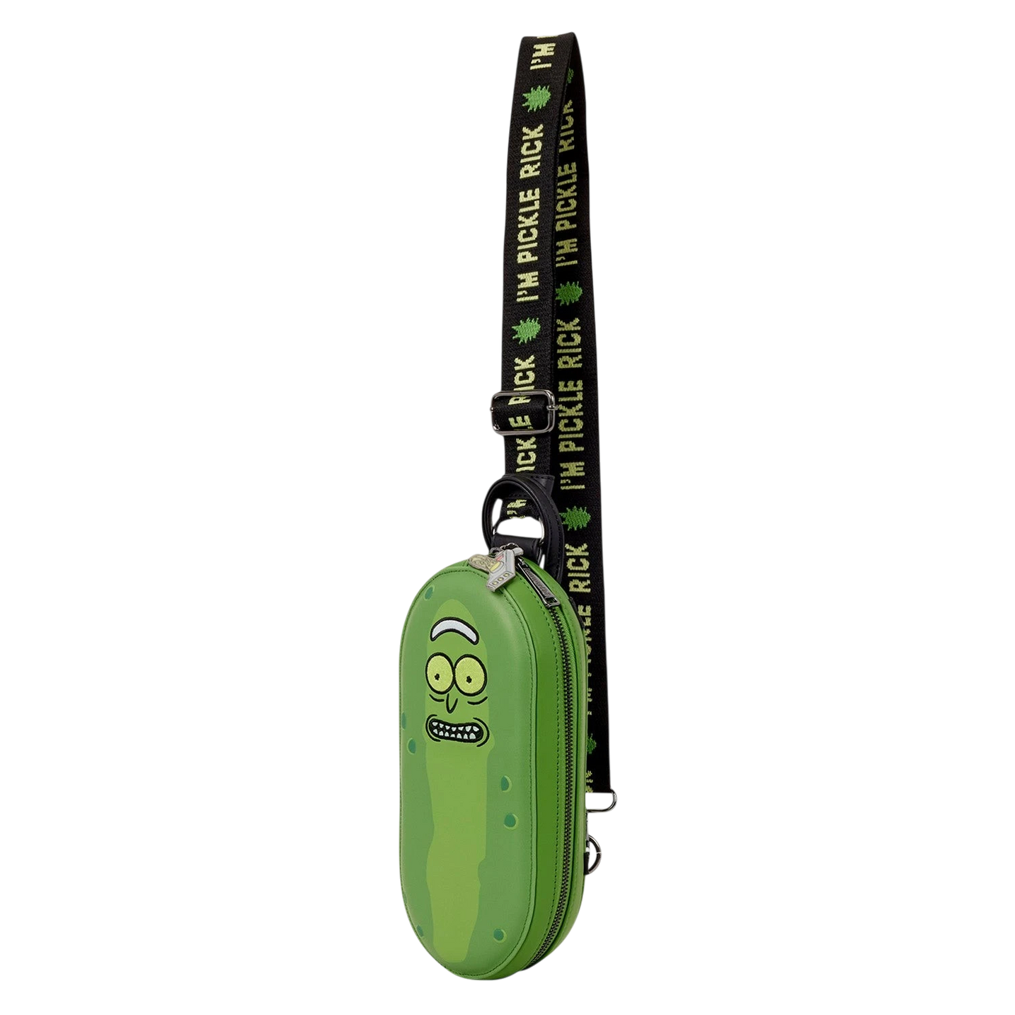 Cards & Comics Connection Pickle Rick crossbody bag in green polyurethane with embroidered and embossed details.