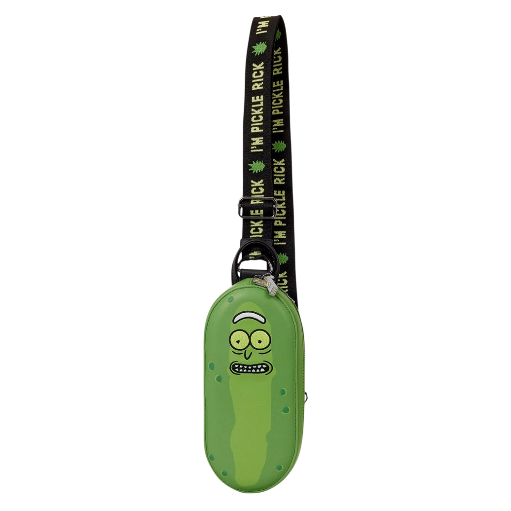 Cards & Comics Connection Pickle Rick sling crossbody bag in green polyurethane with embroidered and embossed details.