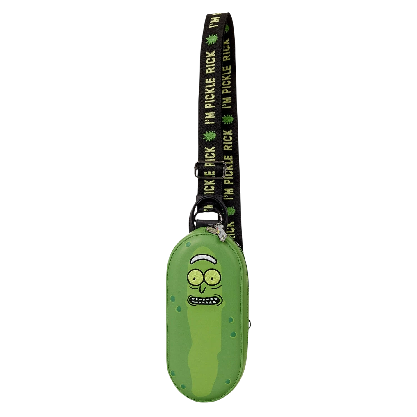 Cards & Comics Connection Pickle Rick sling crossbody bag in green polyurethane with embroidered and embossed details.