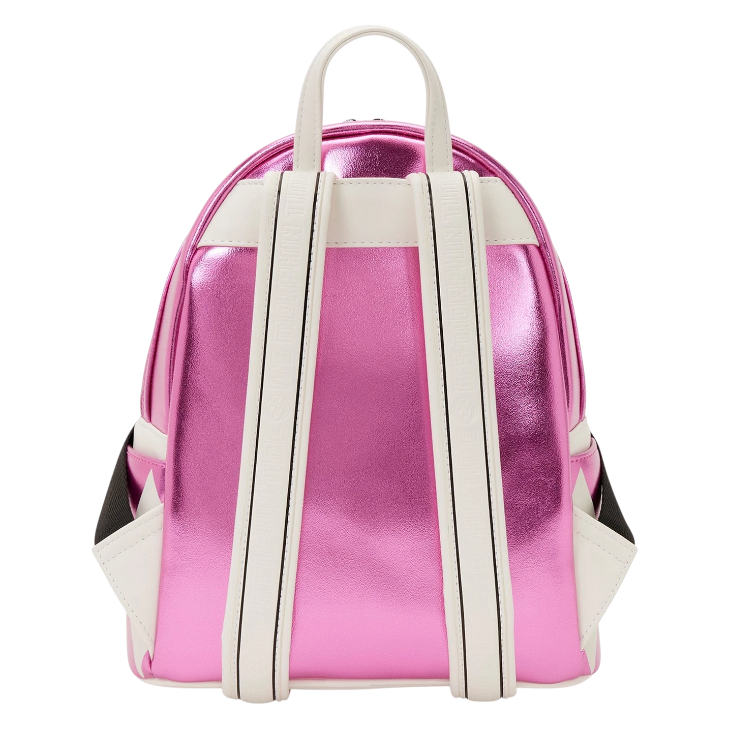 Cards & Comics Connection Loungefly Pink Ranger mini backpack back view with metallic pink and white straps