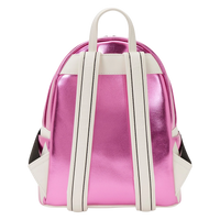 Cards & Comics Connection Loungefly Pink Ranger mini backpack back view with metallic pink and white straps
