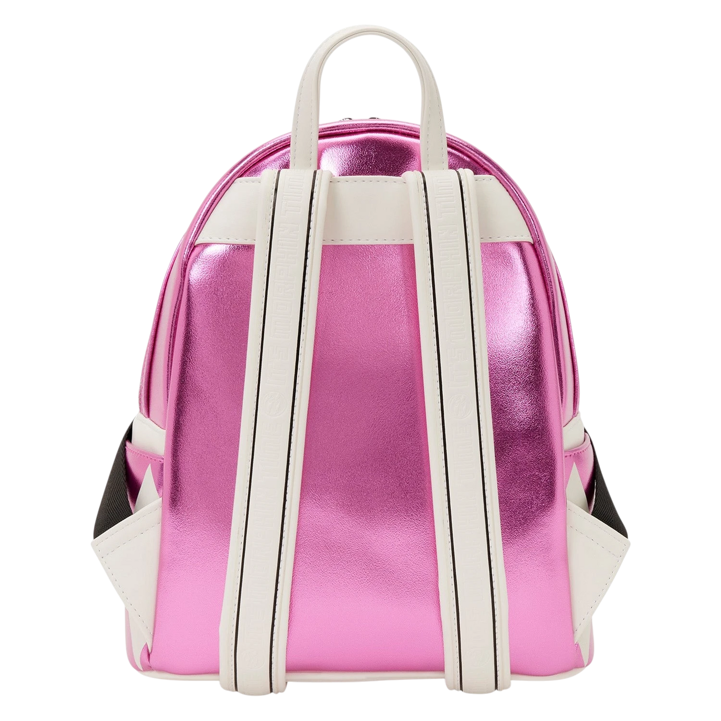 Cards & Comics Connection Loungefly Pink Ranger mini backpack back view with metallic pink and white straps