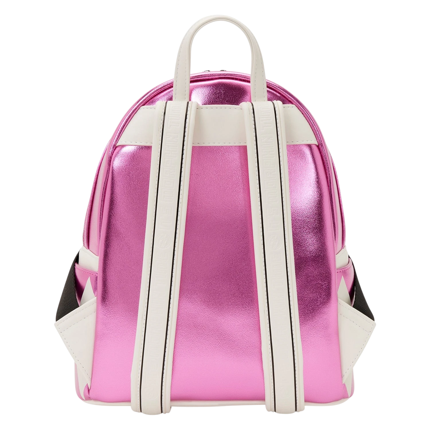 Cards & Comics Connection Loungefly Pink Ranger mini backpack back view with metallic pink and white straps