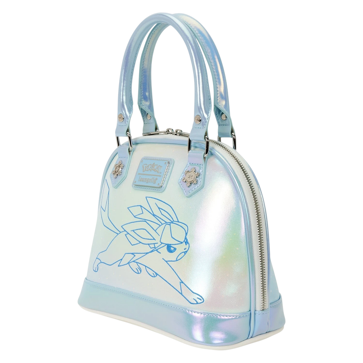Cards & Comics Connection Pokémon Ice Type crossbody bag with iridescent finish, Glaceon embroidery, and snowflake rivets