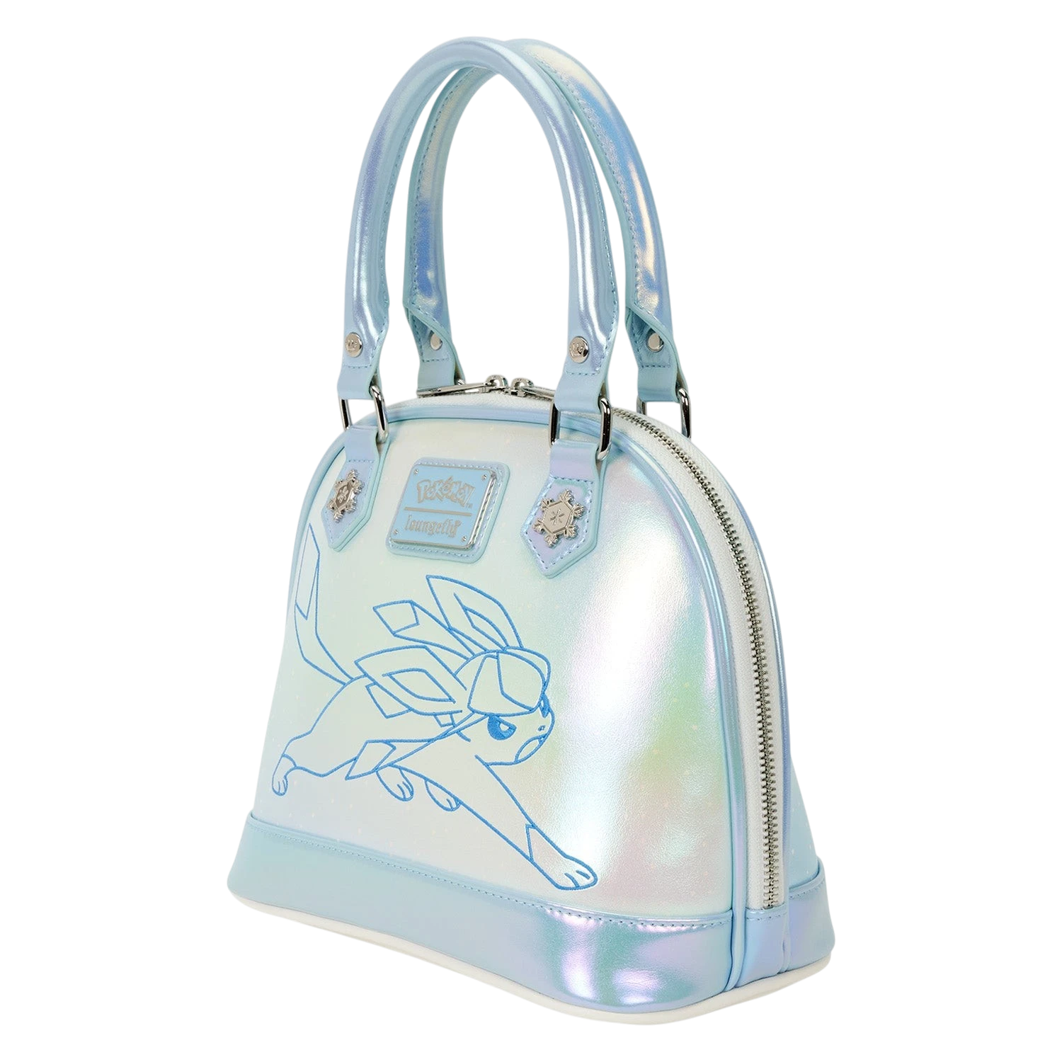 Cards & Comics Connection Pokémon Ice Type crossbody bag with iridescent finish, Glaceon embroidery, and snowflake rivets