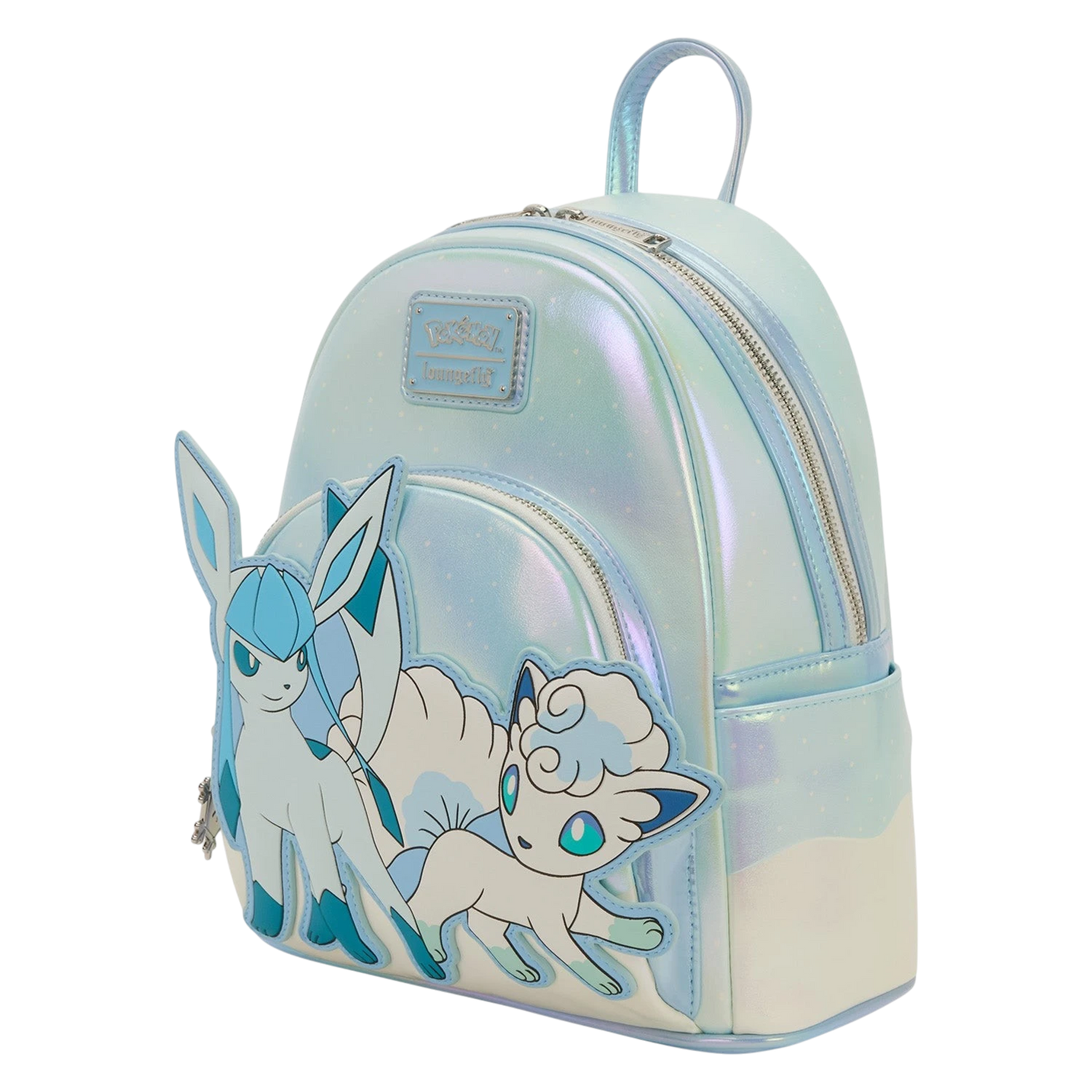Cards & Comics Connection Pokémon Ice Type mini backpack featuring Glaceon and Alolan Vulpix on iridescent blue faux leather