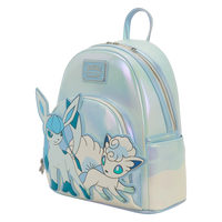 Cards & Comics Connection Pokémon Ice Type mini backpack featuring Glaceon and Alolan Vulpix on iridescent blue faux leather