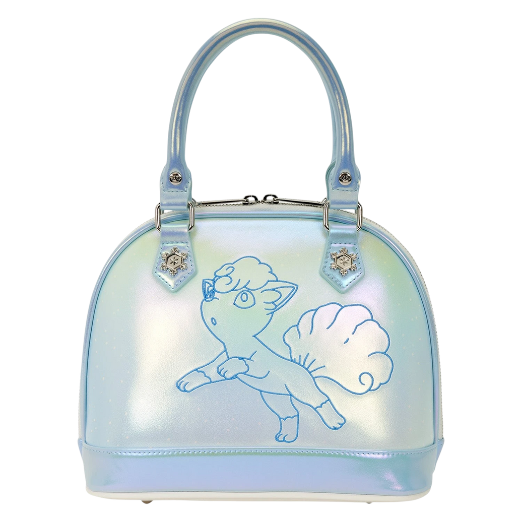 Cards & Comics Connection iridescent faux leather Pokémon crossbody bag featuring Alolan Vulpix and snowflake rivets.