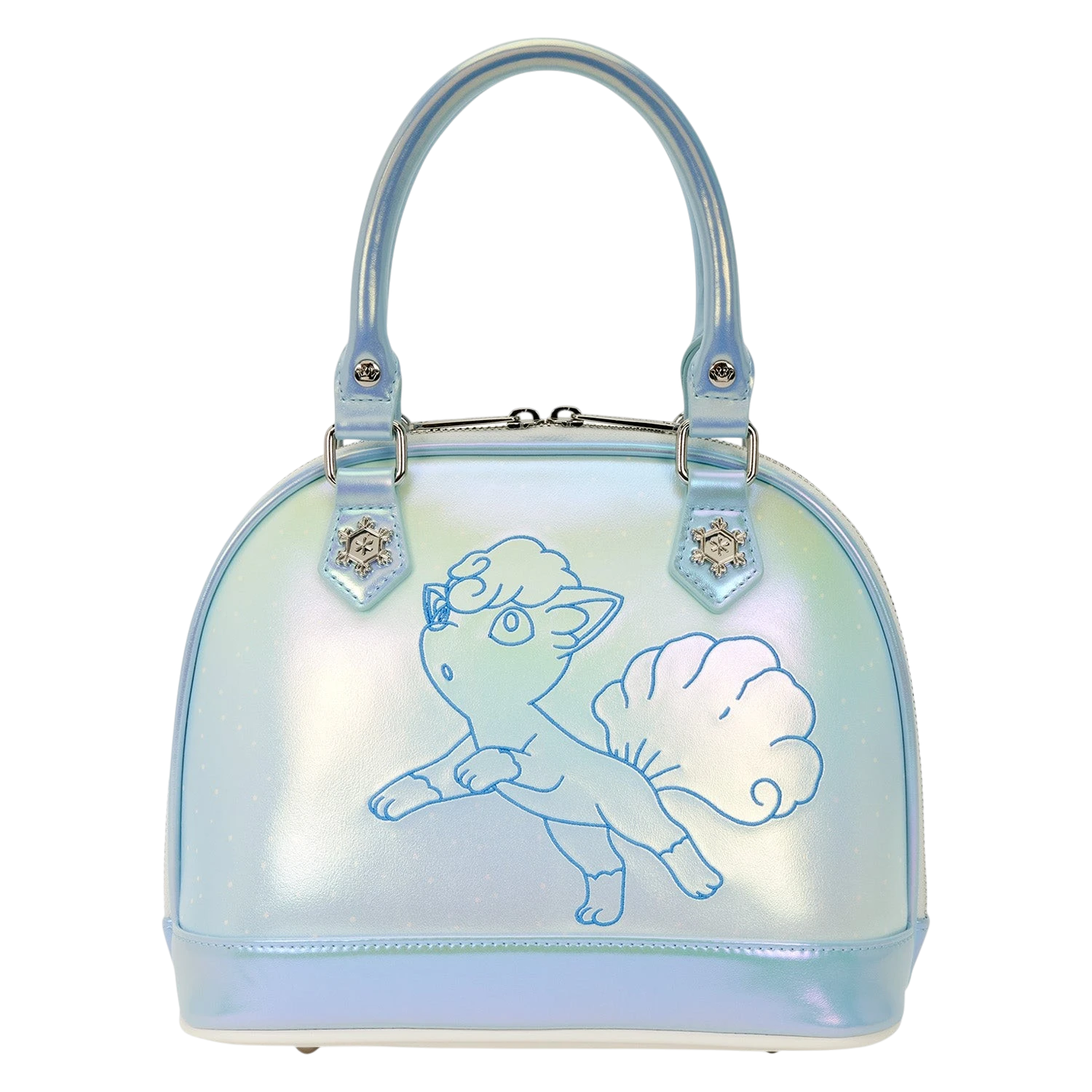 Cards & Comics Connection iridescent faux leather Pokémon crossbody bag featuring Alolan Vulpix and snowflake rivets.