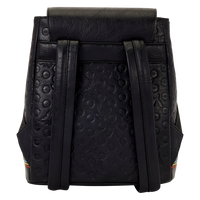 Back view of Cards & Comics Connection Pokémon mini backpack in black distressed polyurethane with debossed patterns