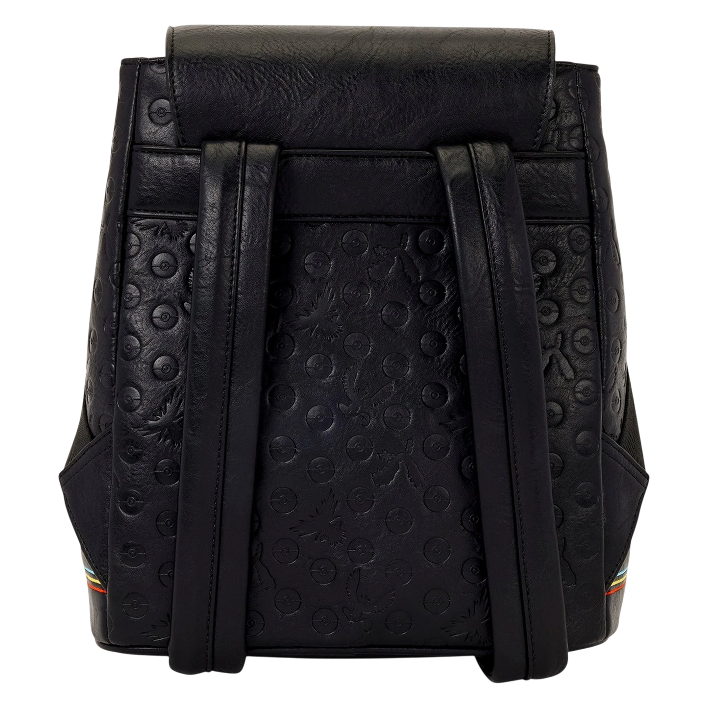 Back view of Cards & Comics Connection Pokémon mini backpack in black distressed polyurethane with debossed patterns