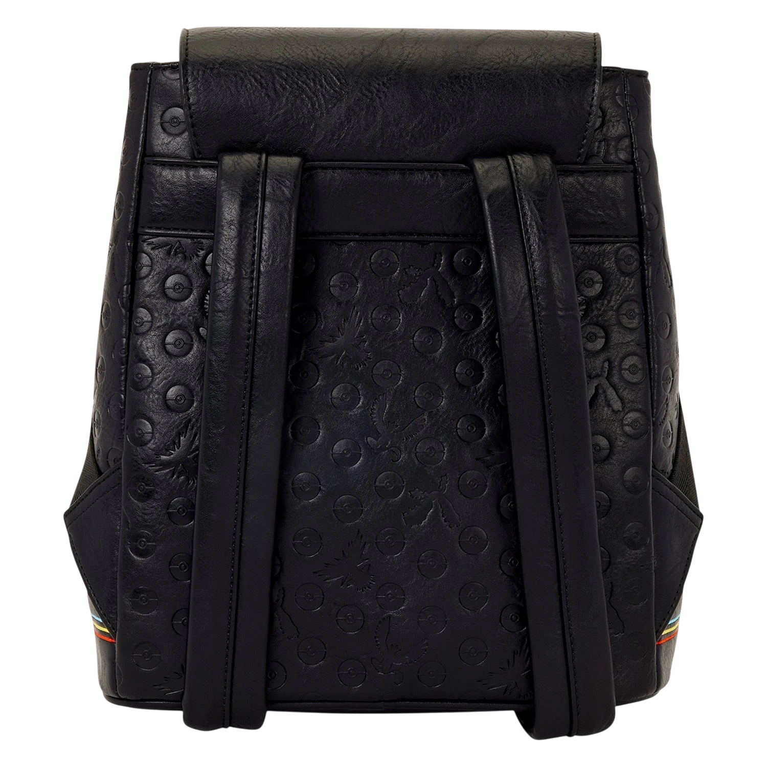 Back view of Cards & Comics Connection Pokémon mini backpack in black distressed polyurethane with debossed patterns
