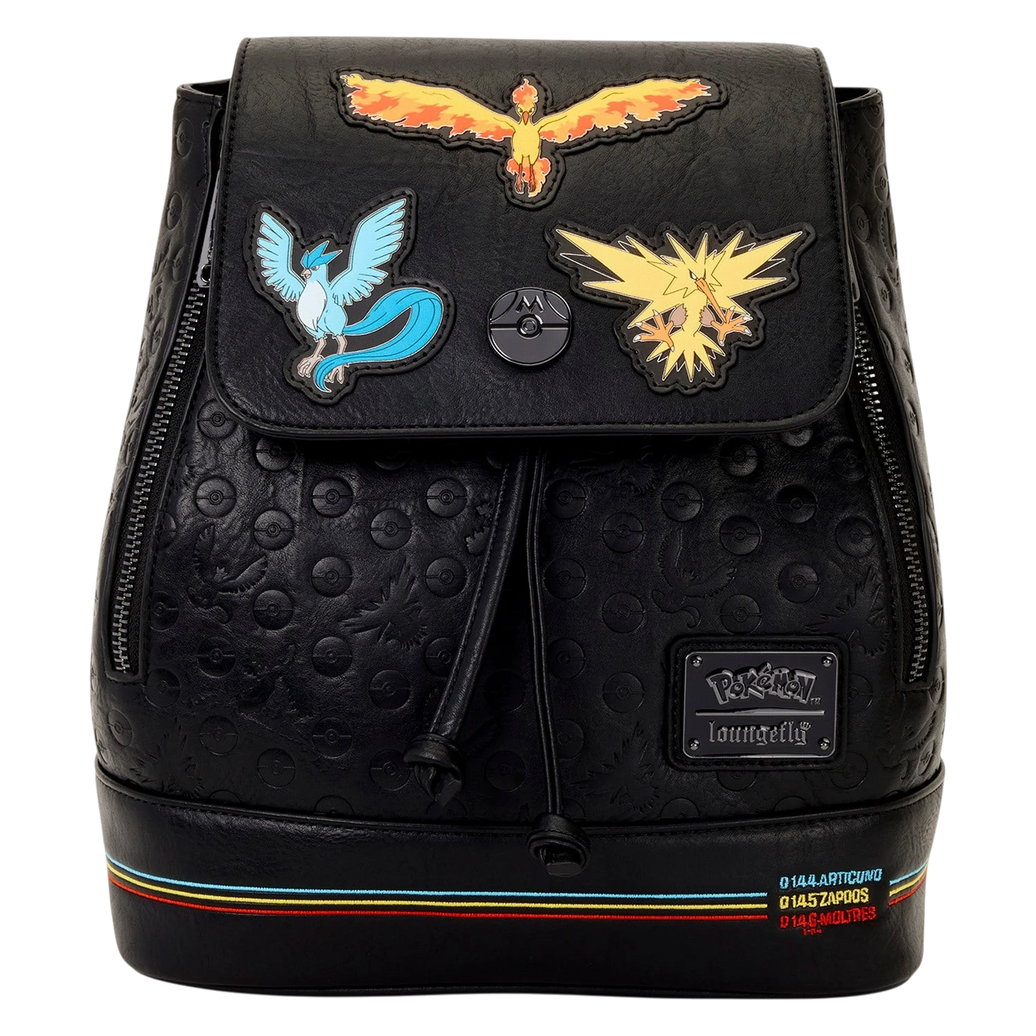 Cards & Comics Connection Pokémon mini backpack in black distressed polyurethane with Articuno, Moltres, and Zapdos.