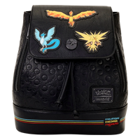 Cards & Comics Connection Pokémon mini backpack in black distressed polyurethane with Articuno, Moltres, and Zapdos.