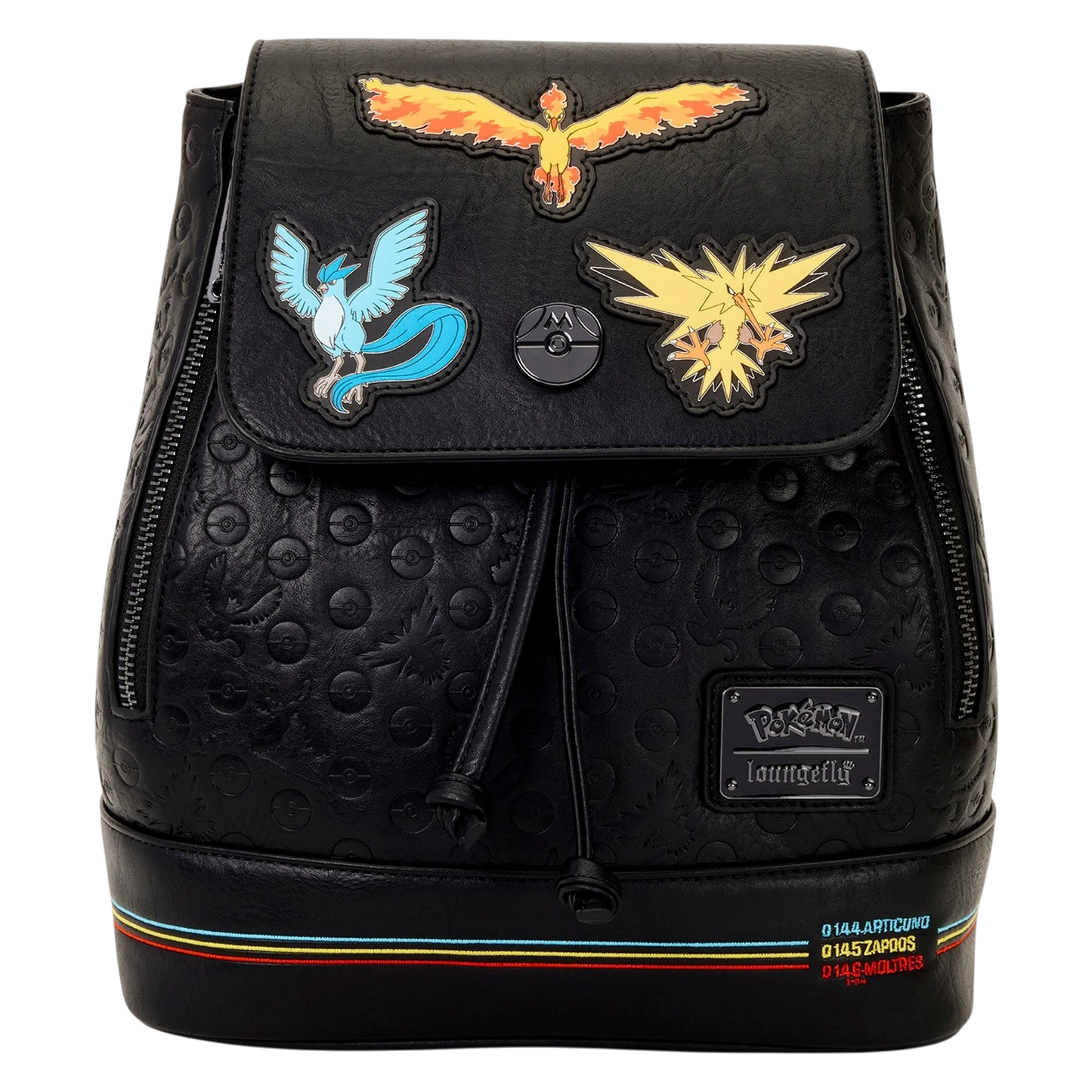 Cards & Comics Connection Pokémon mini backpack in black distressed polyurethane with Articuno, Moltres, and Zapdos.