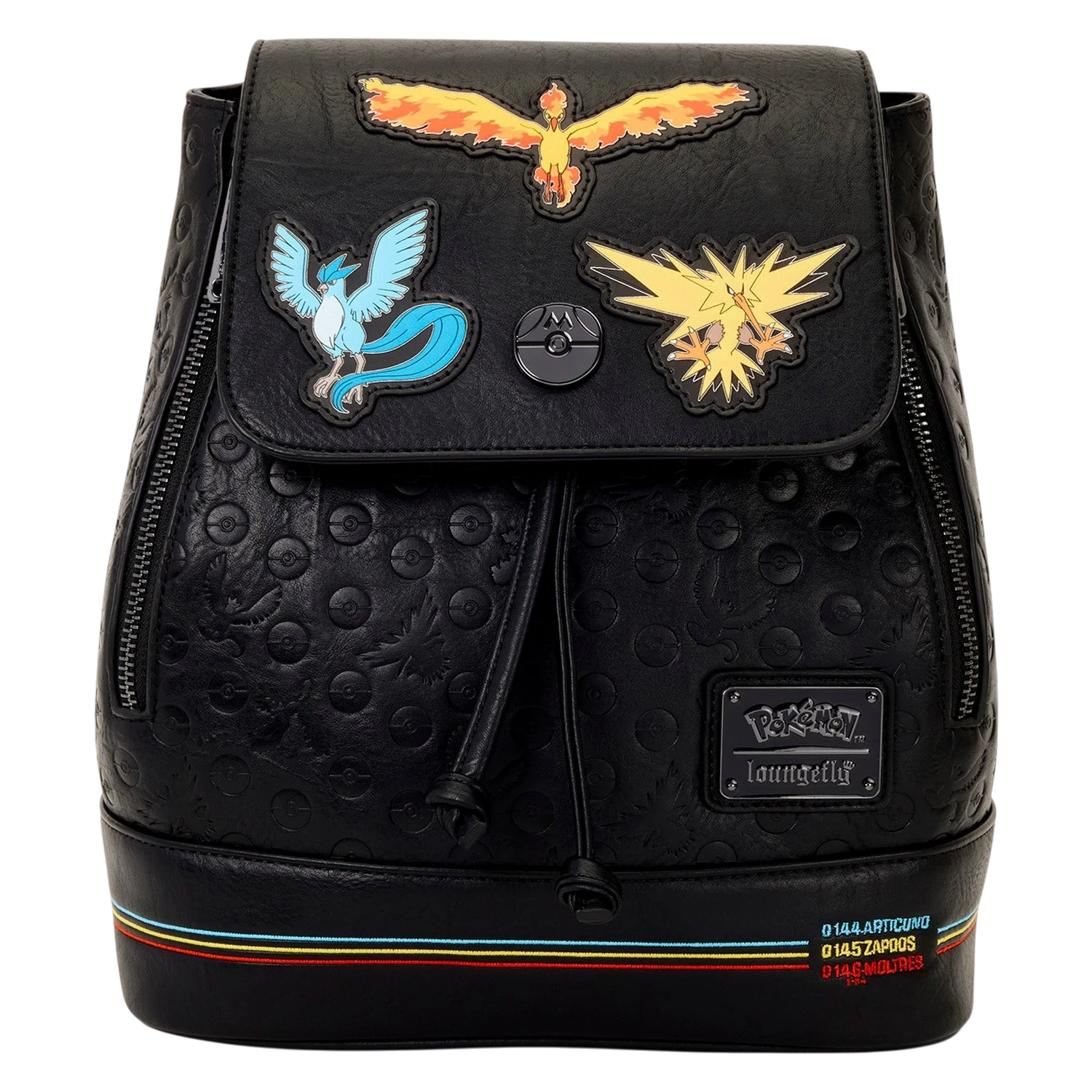 Cards & Comics Connection Pokémon mini backpack in black distressed polyurethane with Articuno, Moltres, and Zapdos.