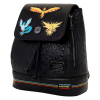 Cards & Comics Connection Pokémon mini backpack in black polyurethane with Articuno, Zapdos, and Moltres embroidery.