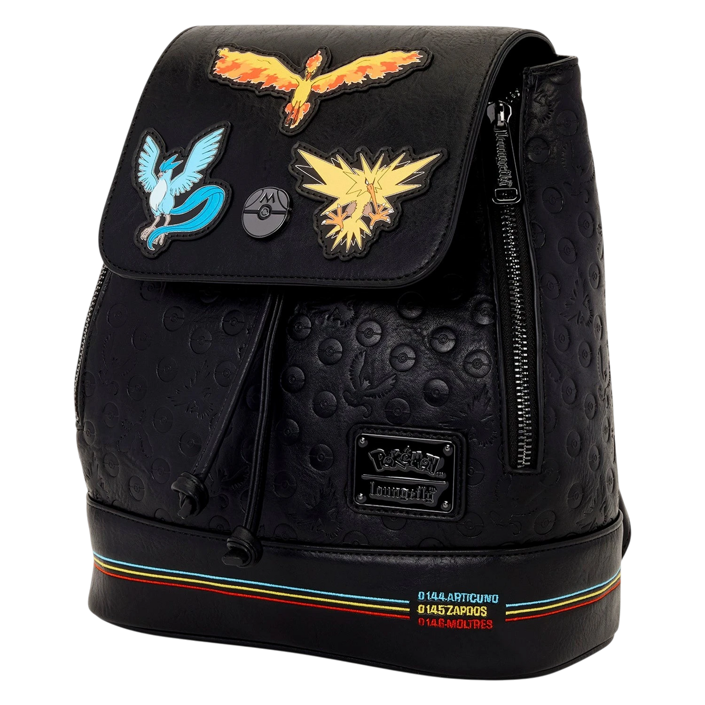 Cards & Comics Connection Pokémon mini backpack in black polyurethane with Articuno, Zapdos, and Moltres embroidery.