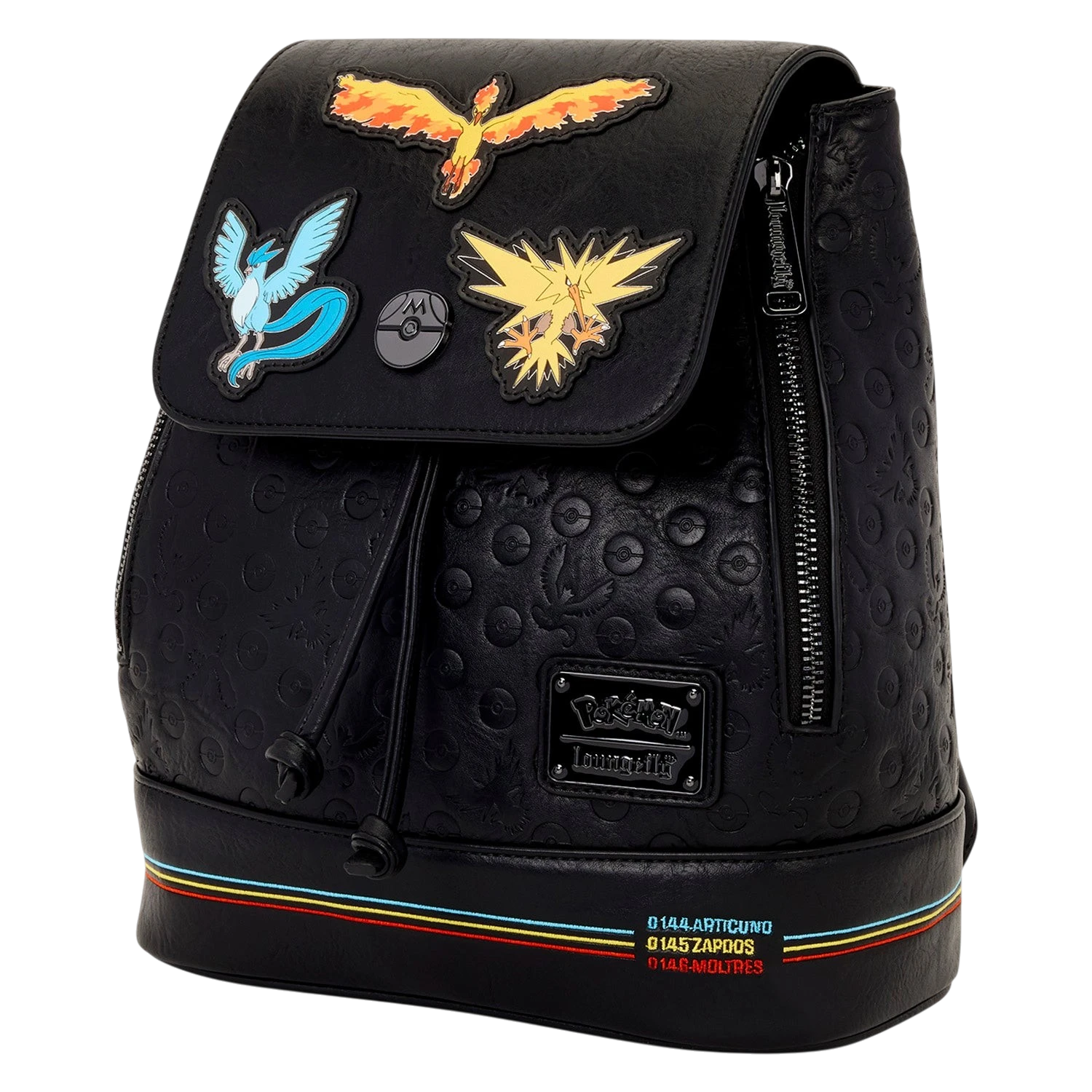 Cards & Comics Connection Pokémon mini backpack in black polyurethane with Articuno, Zapdos, and Moltres embroidery.