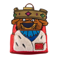 Cards & Comics Connection Robin Hood Prince John mini-backpack with faux fur trim, gold crown, and red fabric details.