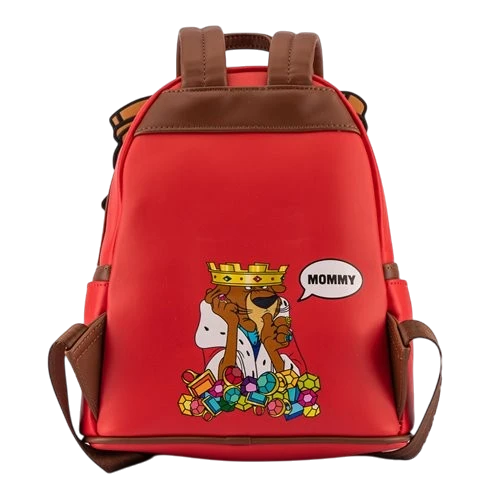 Cards & Comics Connection red mini-backpack featuring Prince John from Robin Hood with a crown and pile of jewels